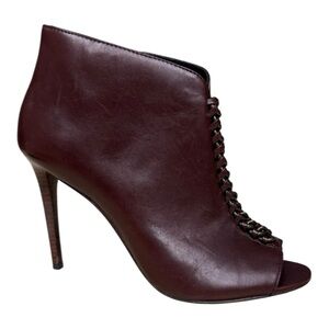 Coach Olie Peep Toe Chain Lace-Up Booties Size 8B Dark Brown with Stiletto Heel